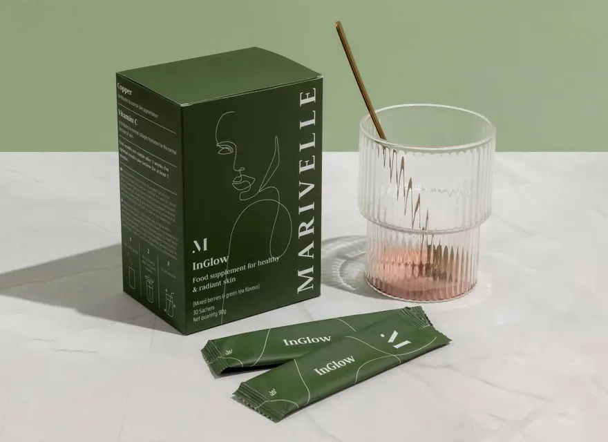 Marivelle: Visual identity and packaging design for a skin & hair supplements brand.