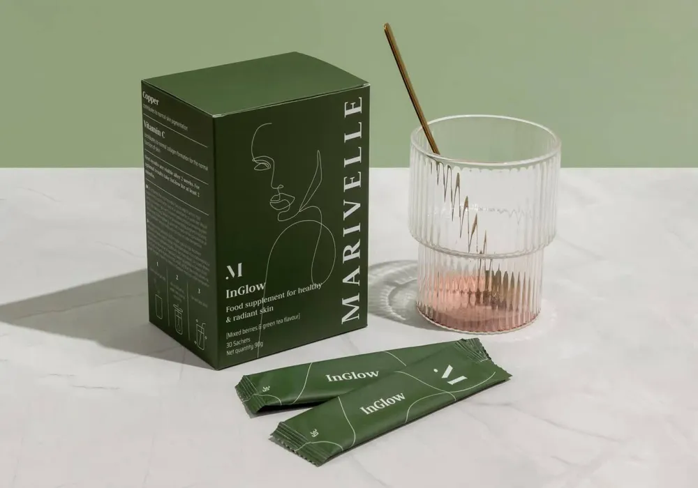 Marivelle: Visual identity and packaging design for a skin & hair supplements brand.